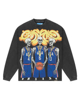 Godspeed Dream Team NG L/S Tee black, long-sleeve tee with skeleton basketball team graphic, front view