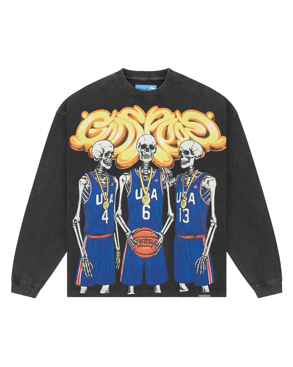 Godspeed Dream Team NG L/S Tee black, long-sleeve tee with skeleton basketball team graphic, front view