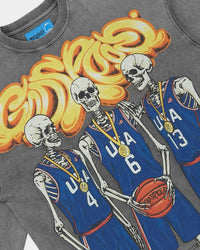 Godspeed Dream Team NG L/S Tee grey, close-up of the skeleton basketball team graphic and neck label