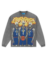 Godspeed Dream Team NG L/S Tee grey, long-sleeve tee with skeleton basketball team graphic, front view