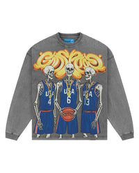 Godspeed Dream Team NG L/S Tee grey, long-sleeve tee with skeleton basketball team graphic, front view