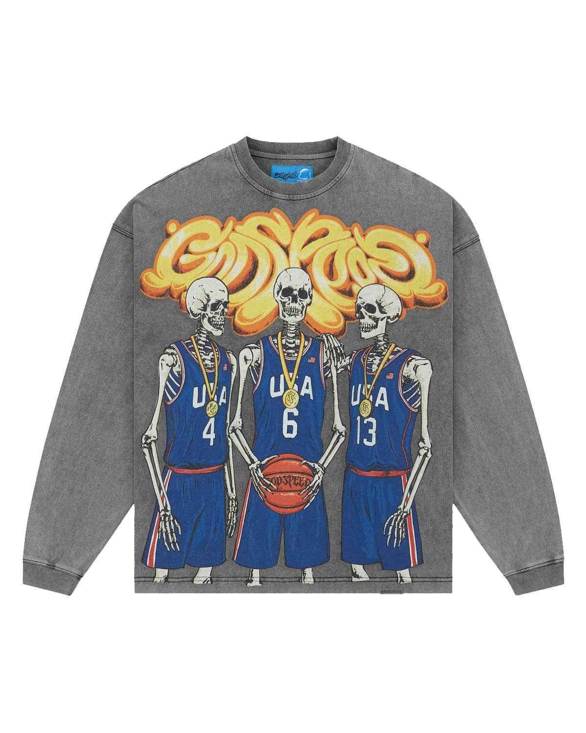 Godspeed Dream Team NG L/S Tee grey, long-sleeve tee with skeleton basketball team graphic, front view