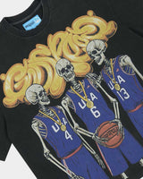 Godspeed Dream Team NG Tee black, close-up of the gold chain Godspeed lettering and the skeleton basketball players