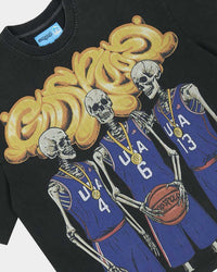 Godspeed Dream Team NG Tee black, close-up of the gold chain Godspeed lettering and the skeleton basketball players
