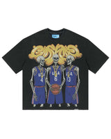 Godspeed Dream Team NG Tee black, cotton tee with three skeleton basketball players in blue USA jerseys under gold chain Godspeed lettering, front view