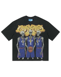 Godspeed Dream Team NG Tee black, cotton tee with three skeleton basketball players in blue USA jerseys under gold chain Godspeed lettering, front view