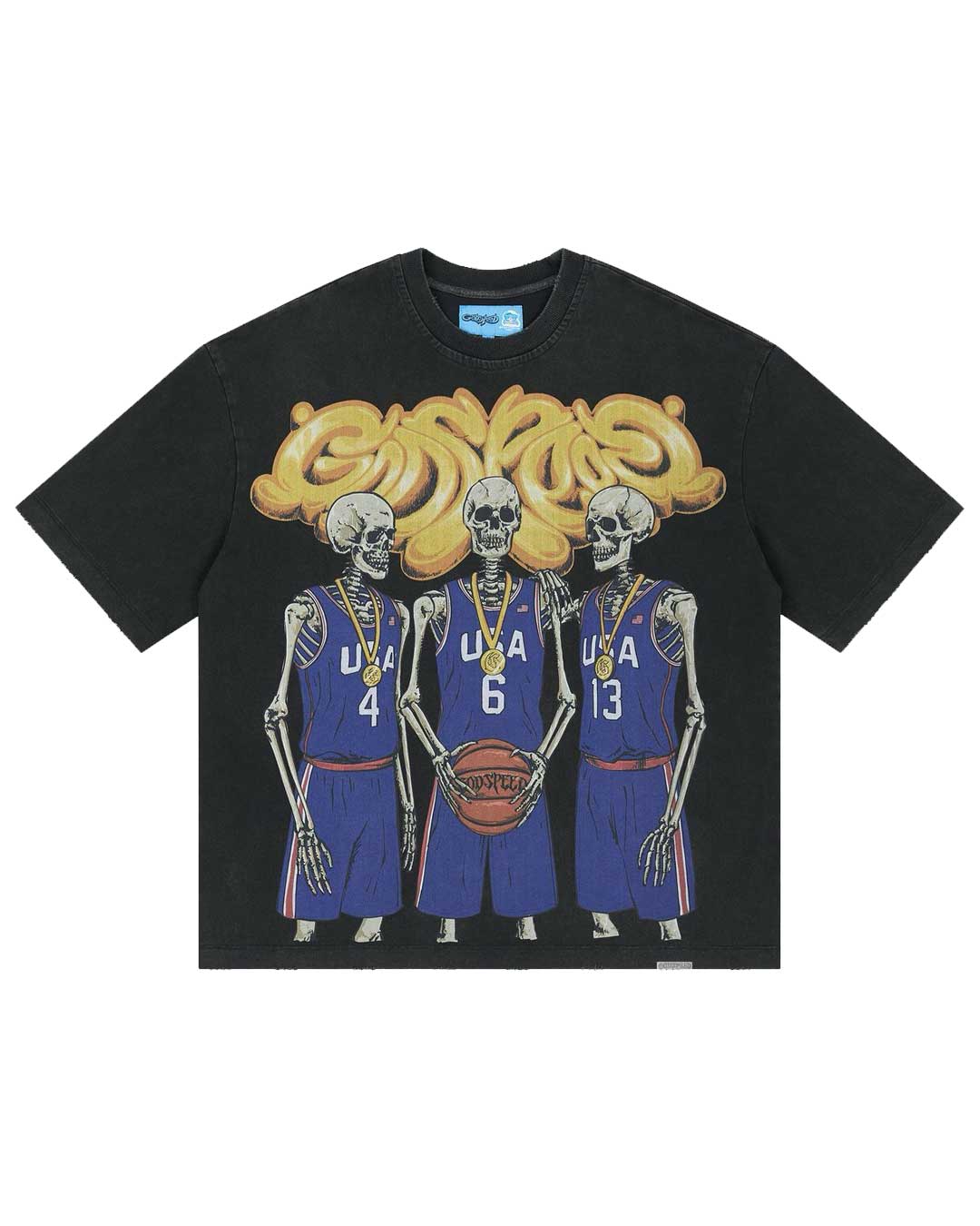 Godspeed Dream Team NG Tee black, cotton tee with three skeleton basketball players in blue USA jerseys under gold chain Godspeed lettering, front view