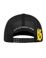 Godspeed E Pluribus Trucker Hat black/white, back with Out Of Many One arc, yellow G embroidery and snapback strap, back view