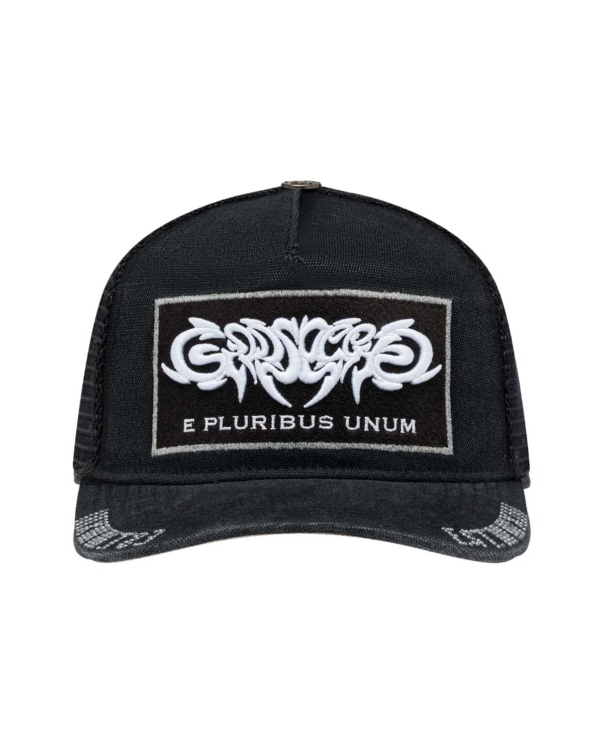 Godspeed E Pluribus Trucker Hat black/white, black canvas trucker with white embroidered logo patch and E Pluribus Unum text, front view