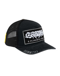 Godspeed E Pluribus Trucker Hat black/white, left side showing black mesh panel and yellow side tab, side view