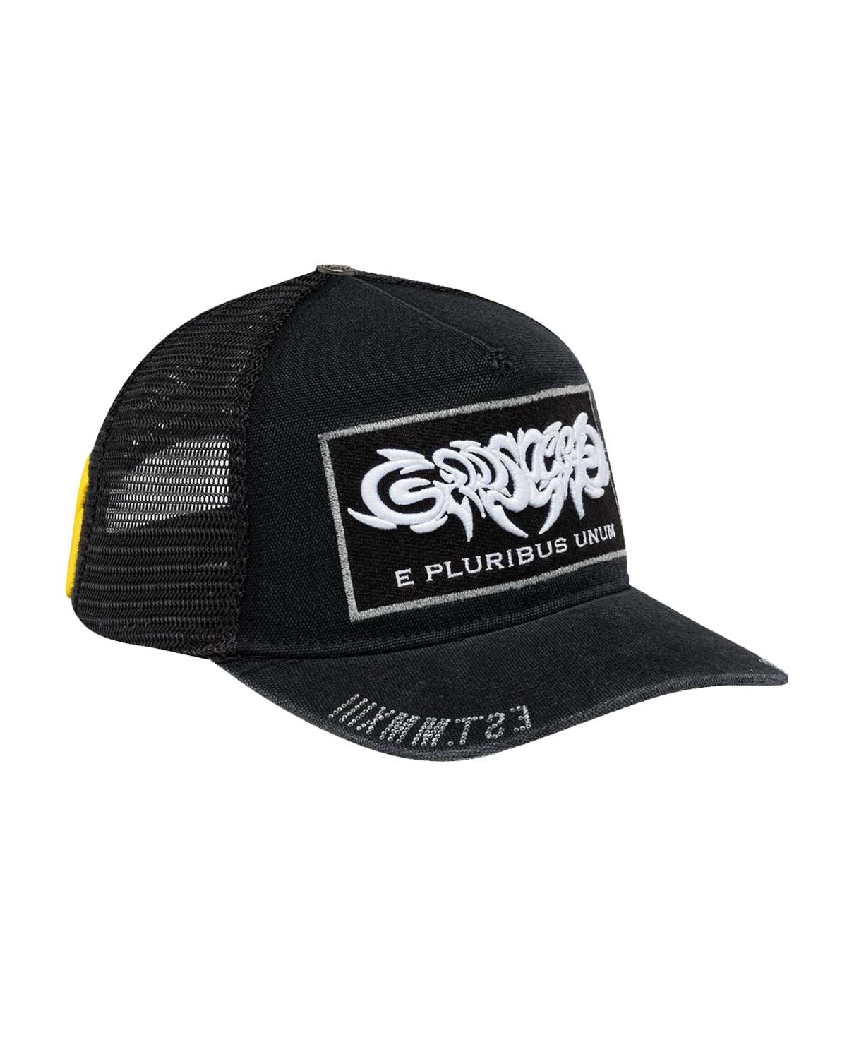 Godspeed E Pluribus Trucker Hat black/white, left side showing black mesh panel and yellow side tab, side view