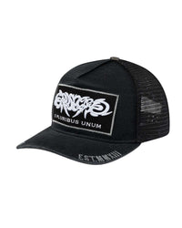 Godspeed E Pluribus Trucker Hat black/white, right side showing black mesh panel and rhinestone brim text, side view