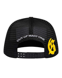Godspeed E Pluribus Trucker Hat white/black, black mesh back with OUT OF MANY ONE lettering and a yellow gothic G