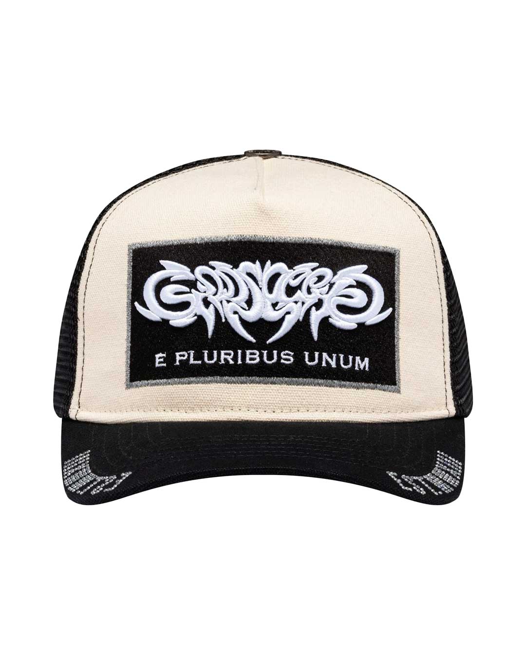 Godspeed E Pluribus Trucker Hat white/black, cream front panel with a barbed Godspeed wordmark and E Pluribus Unum patch, front view