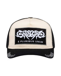 Godspeed E Pluribus Trucker Hat white/black, cream front panel with a barbed Godspeed wordmark and E Pluribus Unum patch, front view