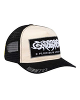 Godspeed E Pluribus Trucker Hat white/black, side view of the mesh panel and black brim