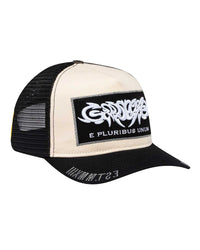 Godspeed E Pluribus Trucker Hat white/black, side view of the mesh panel and black brim