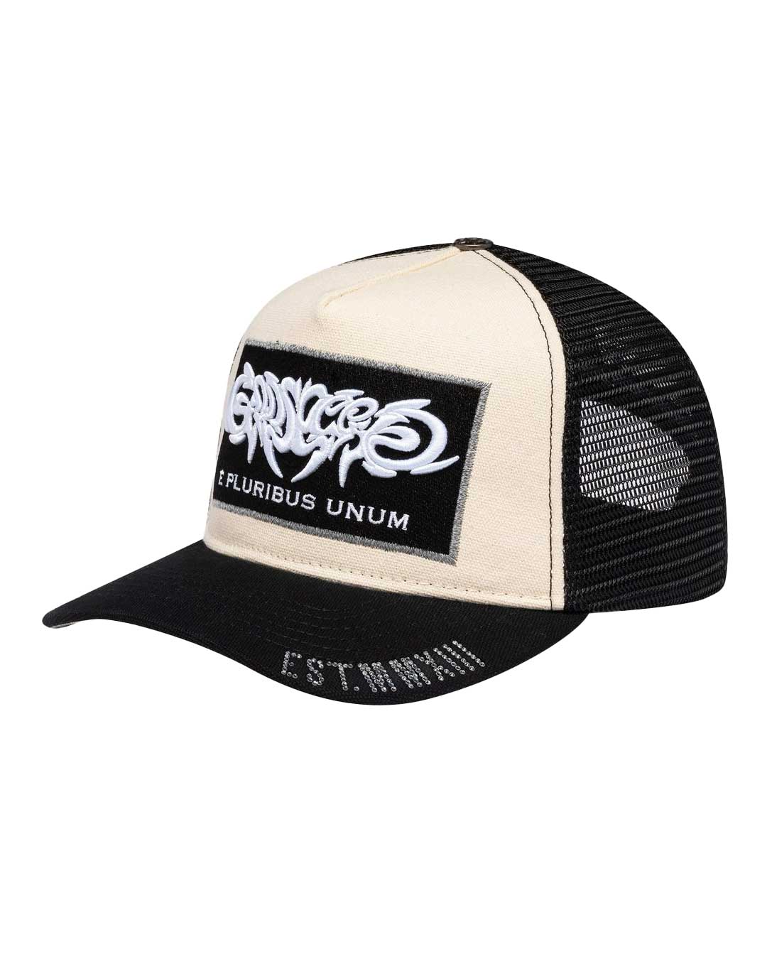 Godspeed E Pluribus Trucker Hat white/black, opposite side view of the mesh panel and cream front