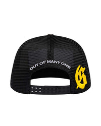 Godspeed E Pluribus Trucker Hat white/red, black mesh back with Out Of Many One arc, yellow G and snapback strap, back view