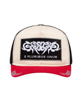 Godspeed E Pluribus Trucker Hat white/red, cream canvas trucker with white embroidered logo patch and red brim, front view