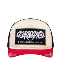 Godspeed E Pluribus Trucker Hat white/red, cream canvas trucker with white embroidered logo patch and red brim, front view