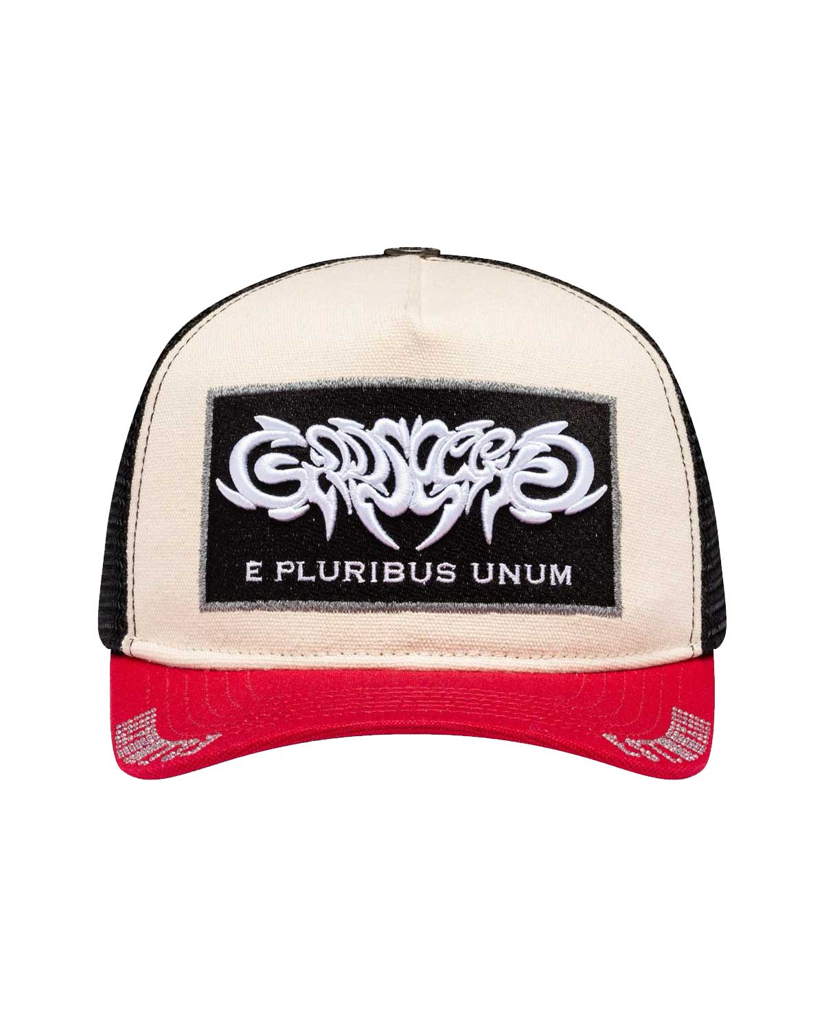 Godspeed E Pluribus Trucker Hat white/red, cream canvas trucker with white embroidered logo patch and red brim, front view