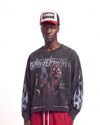Godspeed E Pluribus Trucker Hat white/red, worn on model with a black flame long sleeve, upper body view