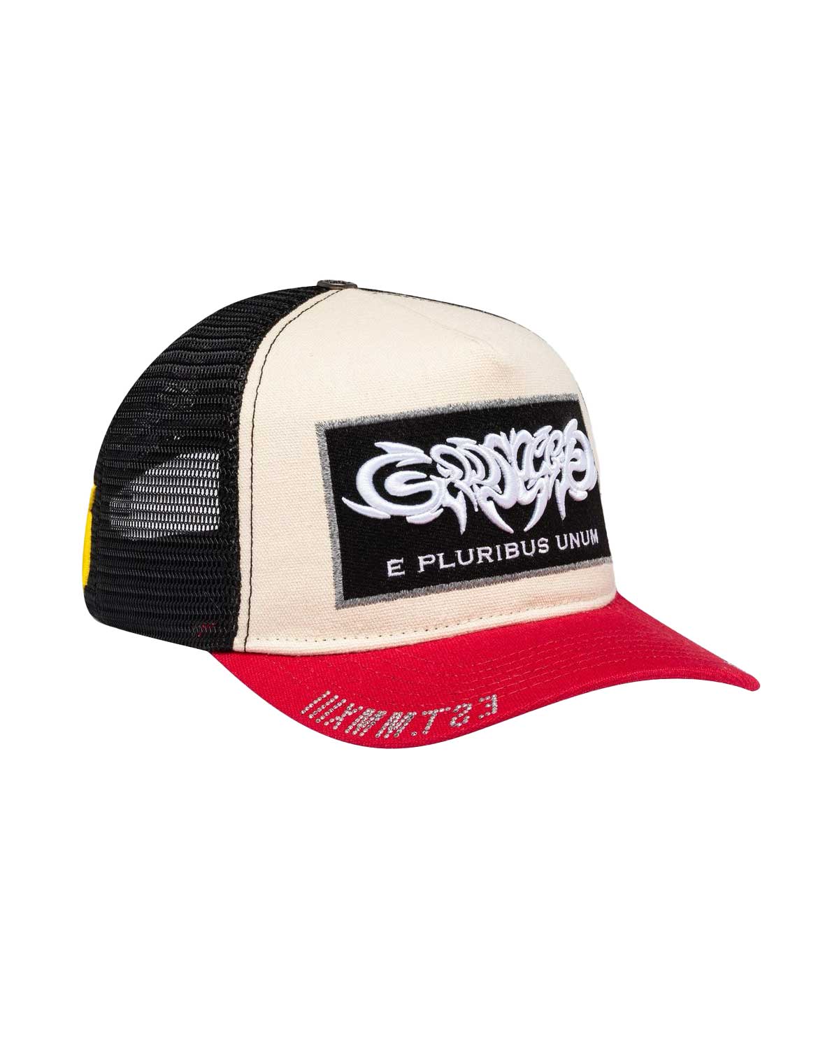 Godspeed E Pluribus Trucker Hat white/red, left side showing black mesh panel and rhinestone red brim, side view