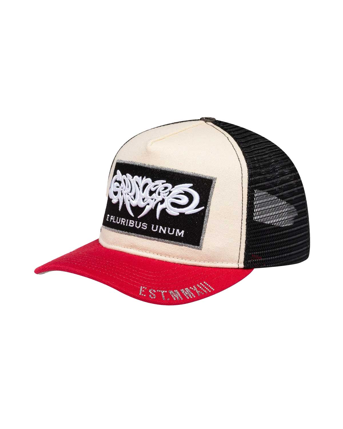 Godspeed E Pluribus Trucker Hat white/red, right side showing cream crown, black mesh panel and red brim, side view