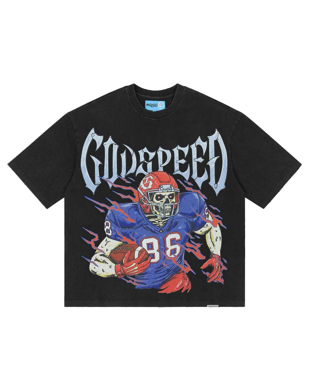 Godspeed Endzone Tee black, cotton tee with a skeleton football player in a blue and red kit under chrome Gothic Godspeed lettering, front view