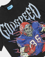 Godspeed Endzone Tee black, angled close-up of the skeleton football player graphic and chrome Godspeed lettering