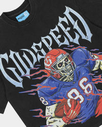 Godspeed Endzone Tee black, angled close-up of the skeleton football player graphic and chrome Godspeed lettering