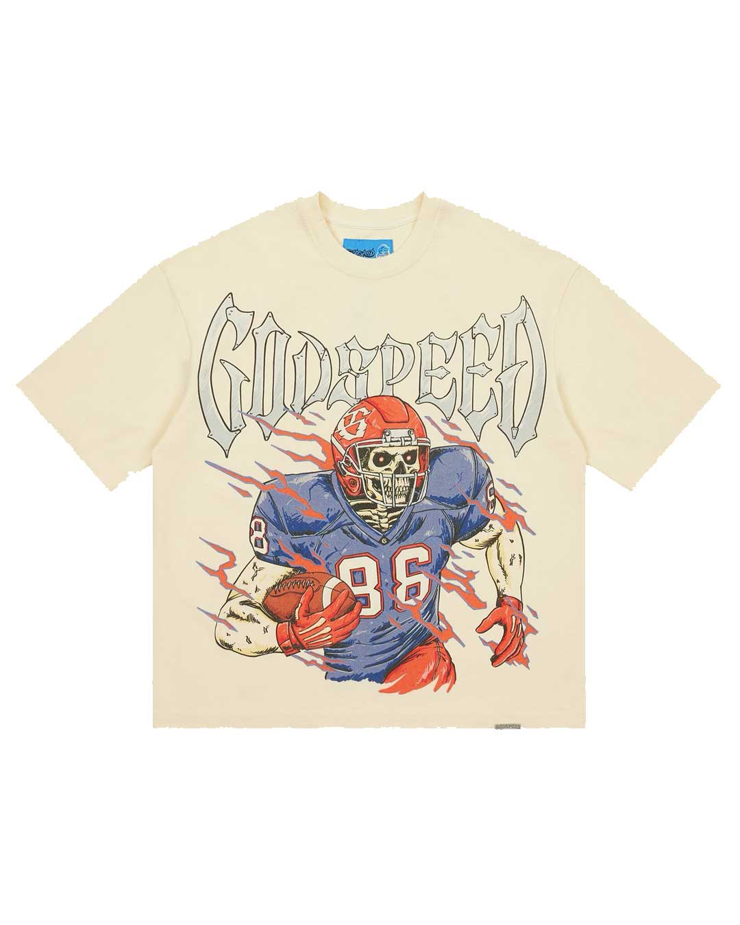 Godspeed Endzone Tee bone, cotton tee with a skeleton football player in a blue and red kit under outlined Gothic Godspeed lettering, front view