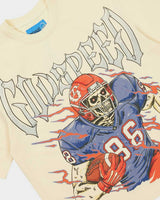 Godspeed Endzone Tee bone, angled close-up of the skeleton football player graphic and outlined Godspeed lettering