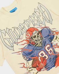 Godspeed Endzone Tee bone, angled close-up of the skeleton football player graphic and outlined Godspeed lettering