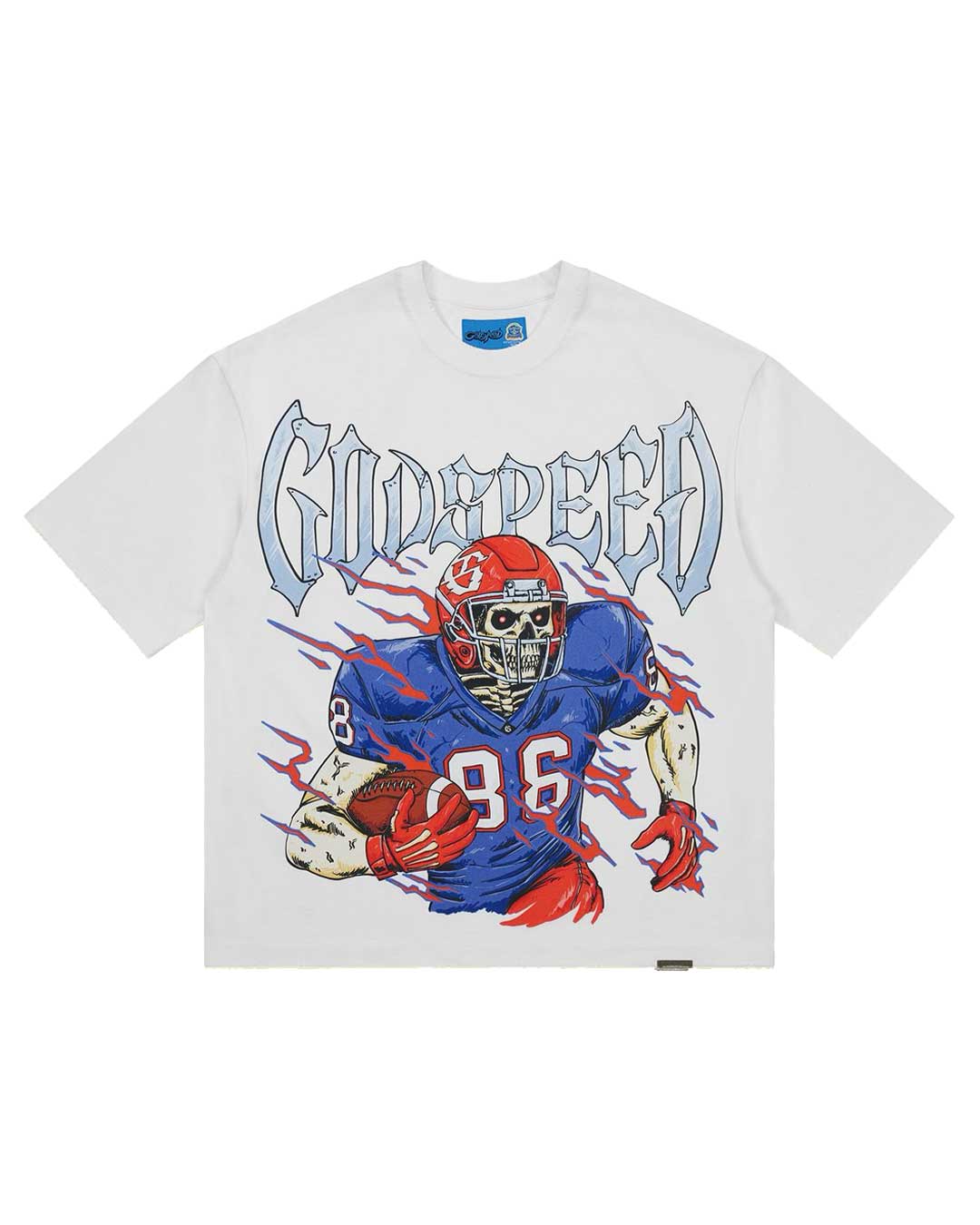 Godspeed Endzone Tee snow white, cotton tee with a skeleton football player in a blue and red kit under chrome Gothic Godspeed lettering, front view