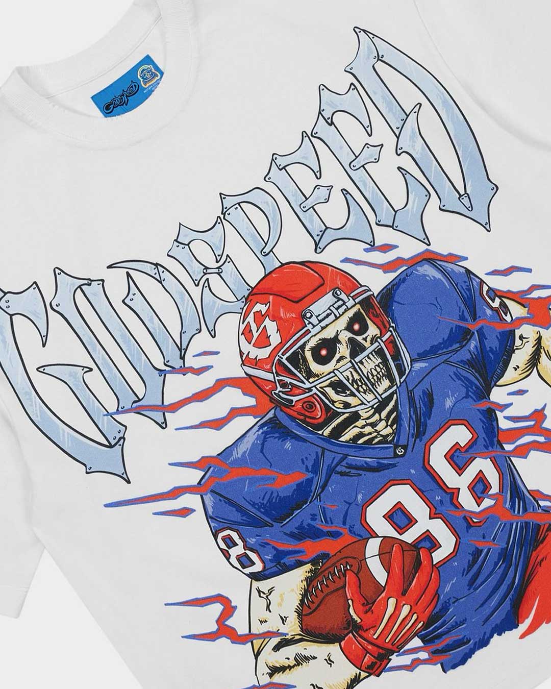 Godspeed Endzone Tee snow white, angled close-up of the skeleton football player graphic and chrome Godspeed lettering