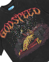 Godspeed F1 Dreams Tee NG black, close-up of the race car, trophy and checkered-flame Godspeed lettering