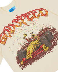Godspeed F1 Dreams Tee NG bone, close-up of the race car, trophy and checkered-flame Godspeed lettering