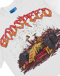 Godspeed F1 Dreams Tee NG white, close-up of the race car, trophy and checkered-flame Godspeed lettering