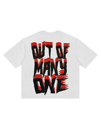 Godspeed F1 Skele Rarri Tee white, back view with OUT OF MANY ONE in torn red and black gothic lettering