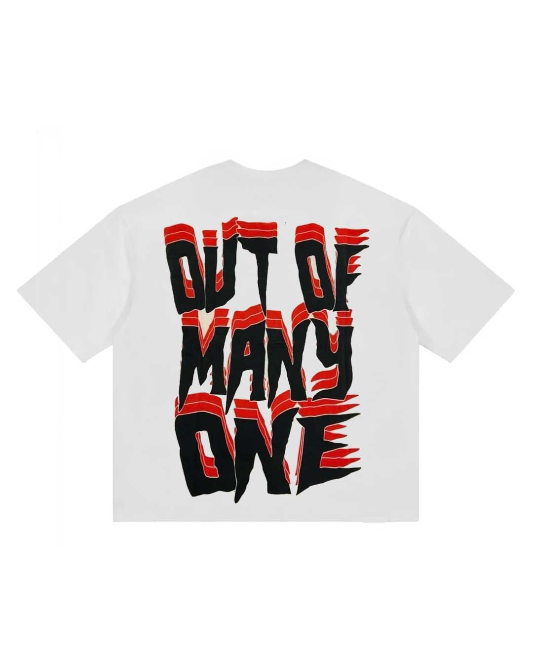 Godspeed F1 Skele Rarri Tee white, back view with OUT OF MANY ONE in torn red and black gothic lettering