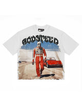 Godspeed F1 Skele Rarri Tee white, boxy cotton tee with a skeleton race driver and red sports car graphic, front view