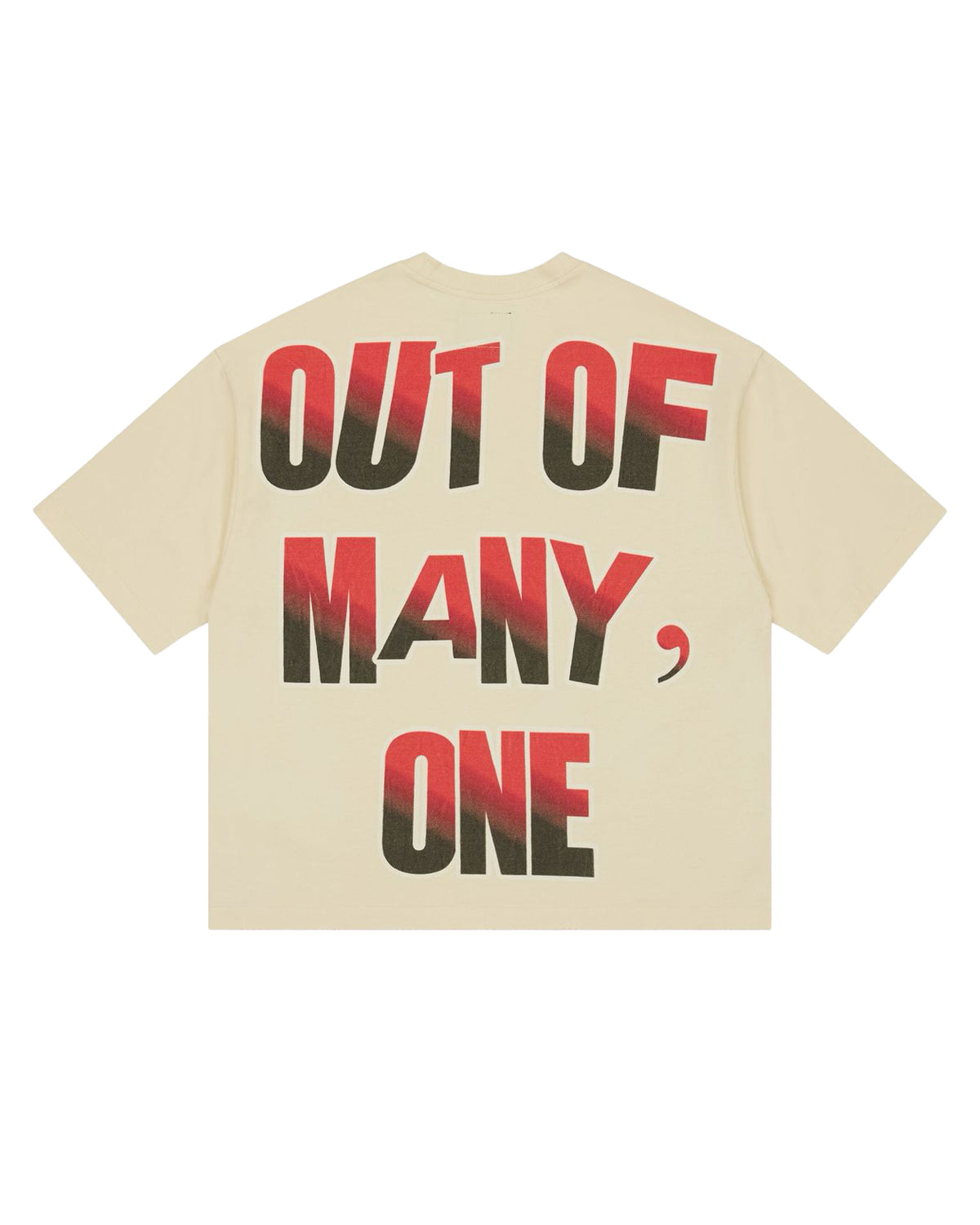 Godspeed Fate's Doorstep Tee bone, back view with red and black OUT OF MANY, ONE lettering