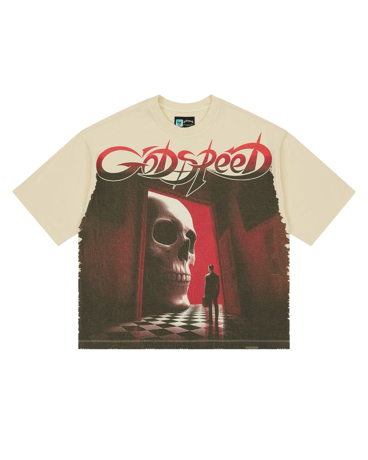 Godspeed Fate's Doorstep Tee bone, T-shirt with red-lit skull doorway graphic, front view