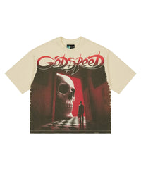 Godspeed Fate's Doorstep Tee bone, T-shirt with red-lit skull doorway graphic, front view
