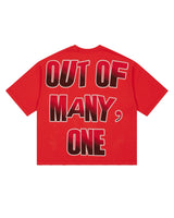 Godspeed Fate's Doorstep Tee red, back view with OUT OF MANY, ONE lettering