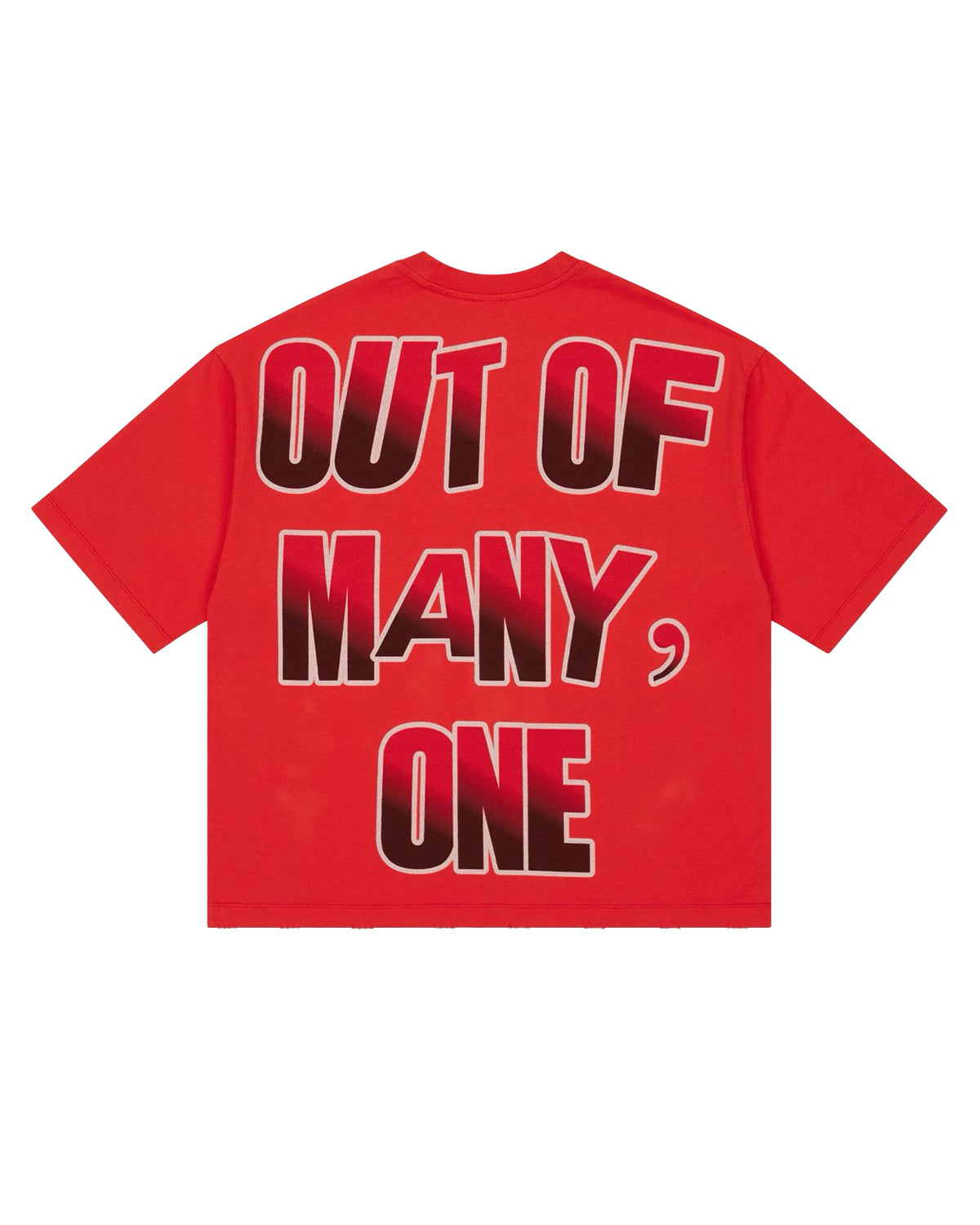 Godspeed Fate's Doorstep Tee red, back view with OUT OF MANY, ONE lettering
