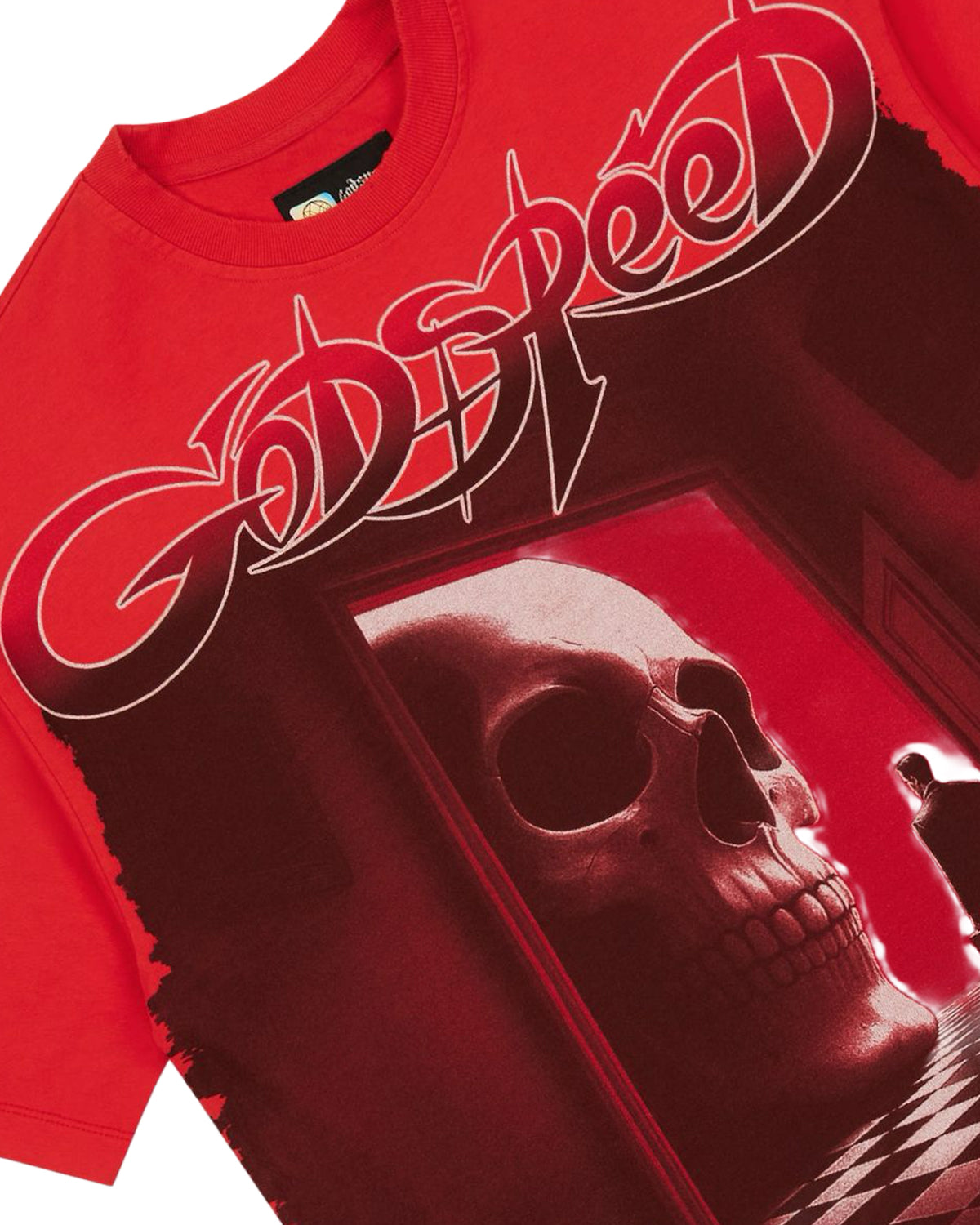 Godspeed Fate's Doorstep Tee red, close-up of the Godspeed script and skull in the doorway