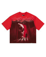 Godspeed Fate's Doorstep Tee red, T-shirt with tonal skull doorway graphic, front view
